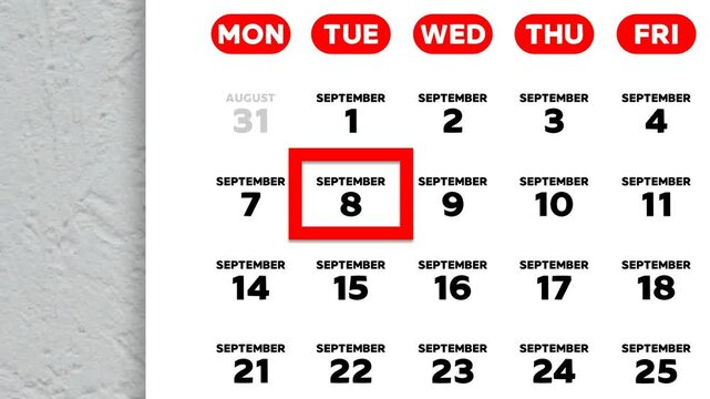 Red cursor highlighting September 8th on a 2026 wall calendar page