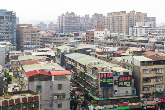 City neighborhood rooftops and tall buildings in taipei taiwan