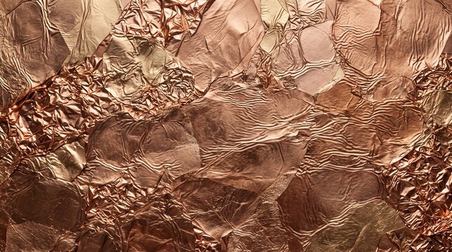 Crumpled copper foil texture background with metallic rose gold creases full frame