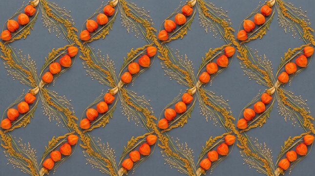 Autumn floral pattern with orange physalis and dried grass on grey background