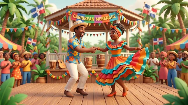 Couple dancing traditional merengue at a festive caribbean square