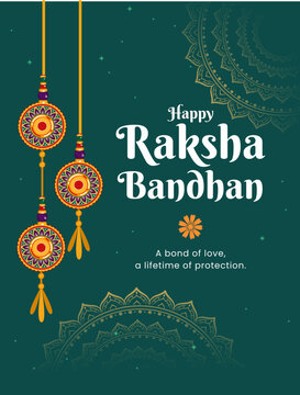 Elegant Dark Green Raksha Bandhan Greeting Card with Traditional Rakhi Ornaments and Decorative Indian Patterns. Editable Vector Illustration 
