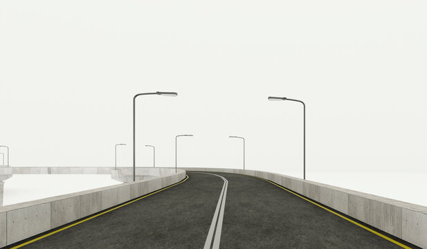 minimalist concrete flyover roadway with streetlights and lane markings