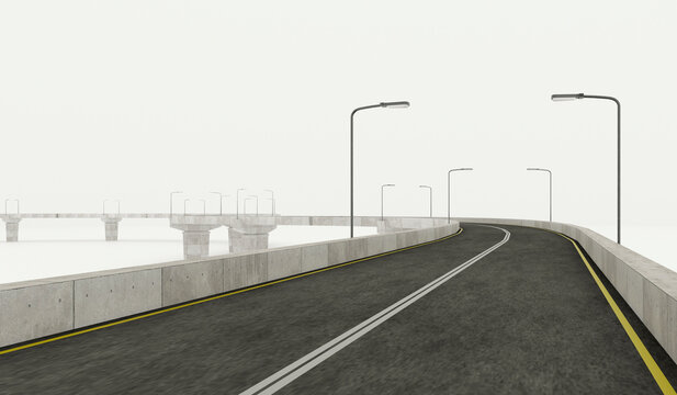 curved elevated highway overpass bridge with concrete barriers 3d render