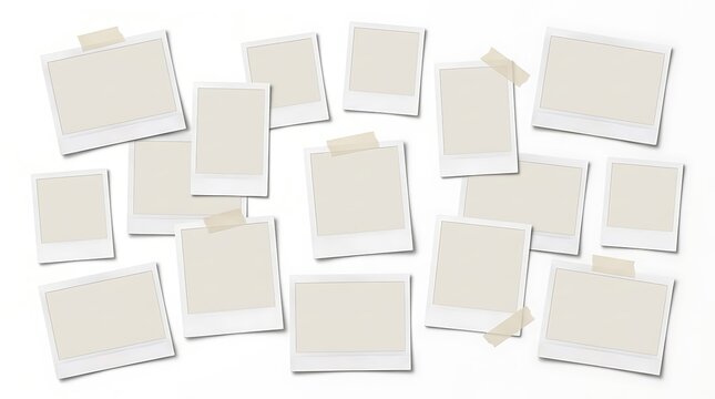 Set of blank instant photo frames with adhesive tape pieces arranged in a creative collage for displaying memories