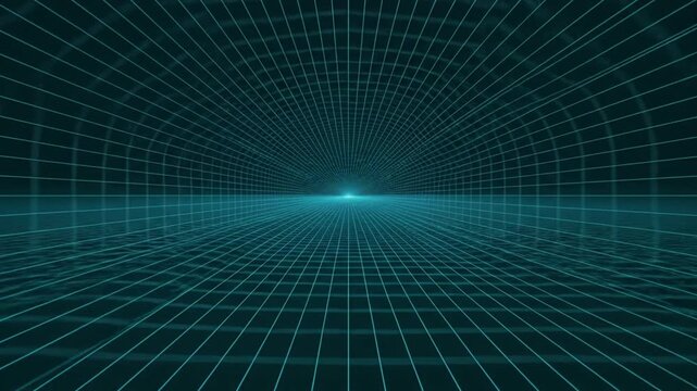 Abstract grid tunnel glows with a bright light at its vanishing point, showcasing a digital perspective in deep teal and black.