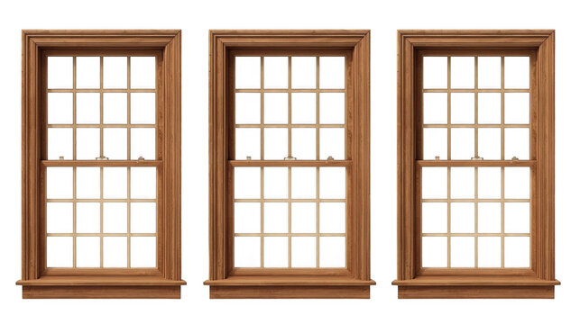 Classic wooden double hung window frames isolated on white background for home renovation