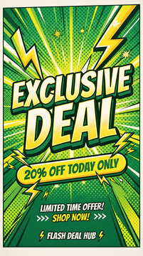 Vibrant retro style exclusive discount promotion banner with bold text with emphasizing exclusive 20 discount offer available today only retro comic book style design