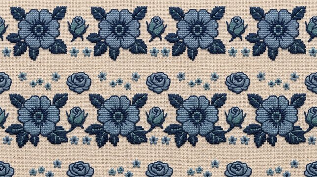 Blue floral cross stitch embroidery pattern on beige linen fabric background