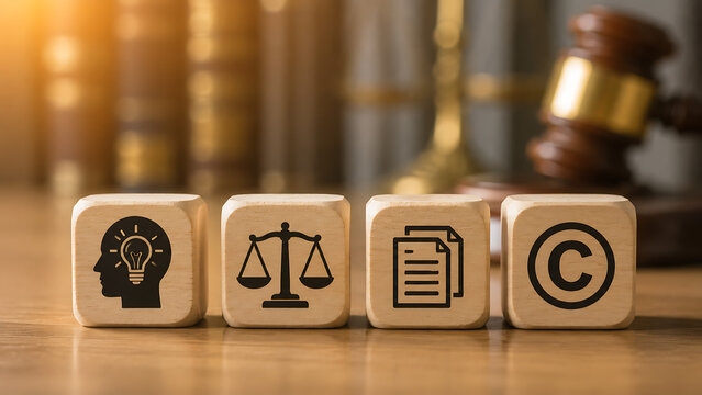 Intellectual property concept with scales of justice and copyright symbol on wooden cubes during legal proceedings
