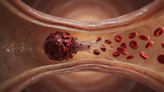 Detailed medical illustration showing blood clot formation inside a blood vessel with red blood cells