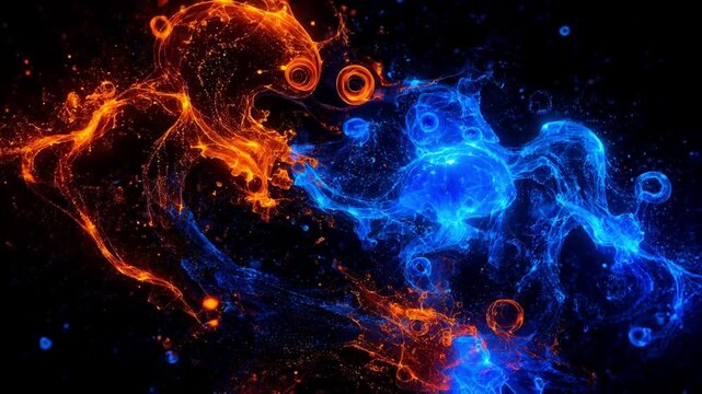 Abstract orange and blue fluid energy waves with glowing particles, creating a futuristic background for technology, science, innovation and creative digital projects.