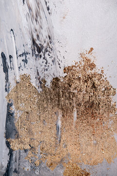 Color texture. Abstract canvas. Metallic gold leaf foil gray white beige paint mix strokes on art modern background.