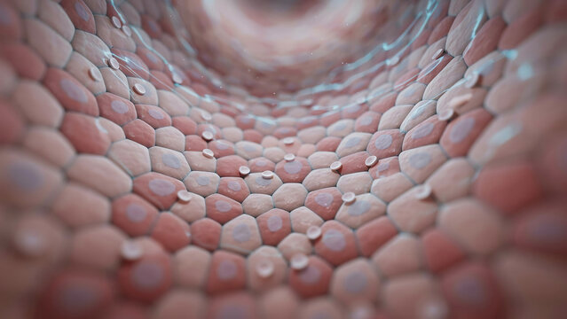 Detailed microscopic view of human colon tissue lining showing epithelial cells arrangement