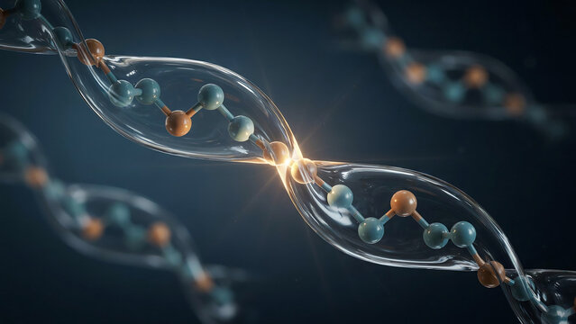 Scientific visualization of DNA double helix structure glowing with energy and molecular bonds highlighted