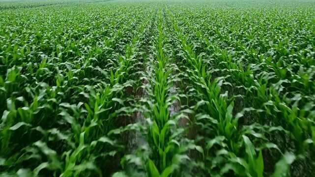 Aerial drone view of a lush green cornfield. Agricultural landscape after rain in summer season.