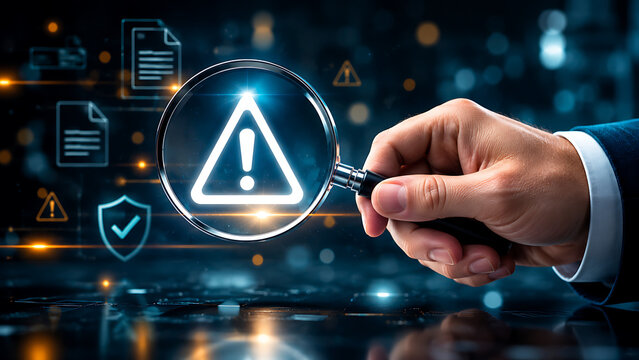 Magnifying glass inspecting digital warning sign with security icons in a tech environment