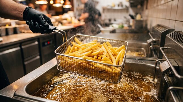 Chef Lifting Basket of French Fries from Deep Fryer in Commercial Restaurant Kitchen
