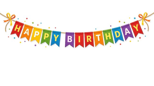 Colorful happy birthday banner garland with confetti isolated on white background