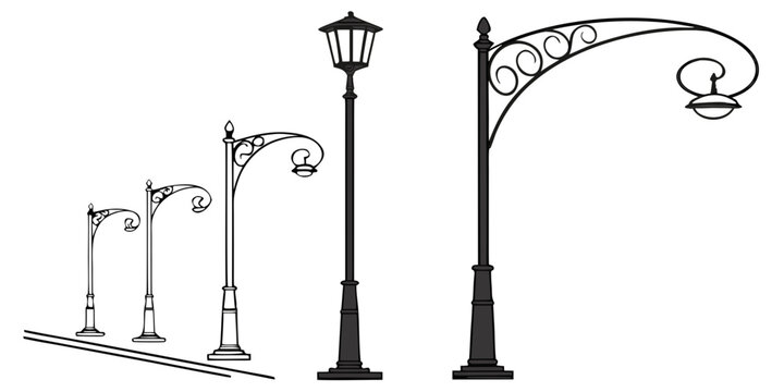 Collection of street lamp posts with curved arms and decorative scrollwork in a black and white line set