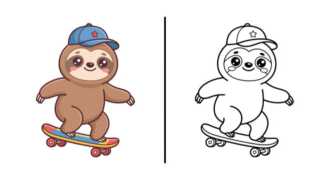 Cute kawaii sloth skateboard kids coloring worksheet vector
