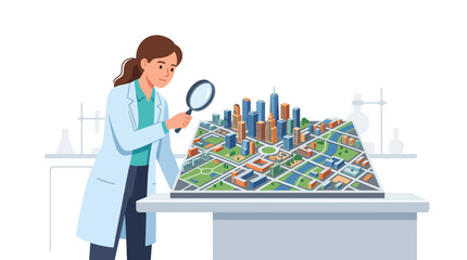 Obraz premium Female scientist examining miniature 3D city model with magnifying glass for urban planning flat vector element.