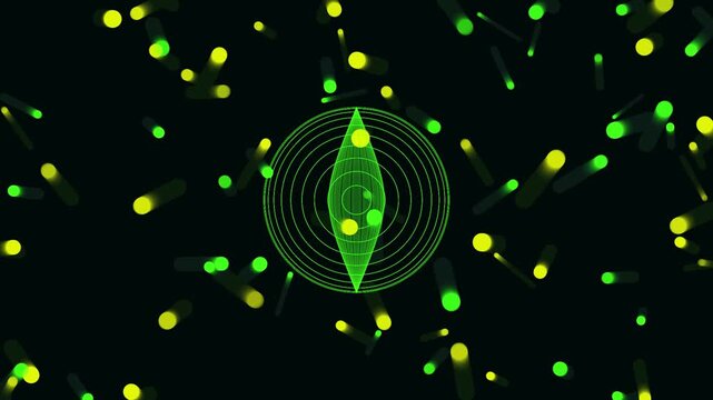 Glowing green radar compass target HUD animates with floating light particles.