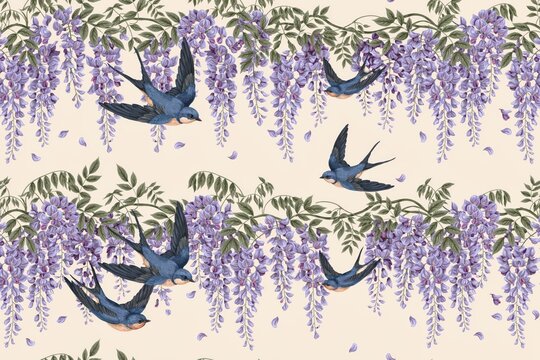 Seamless pattern with hanging purple wisteria flowers and flying swallow birds on a light beige background, botanical floral style