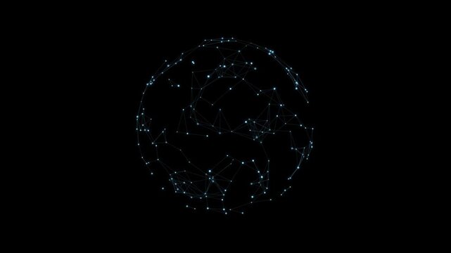 Glowing blue digital network sphere rotating seamlessly on a black background.