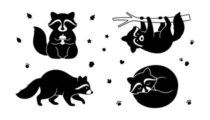 Obraz premium Woodland Animal Silhouette Set Featuring Raccoons, Sloth, Forest Creatures, Nature Elements, Paw Prints, and Cute Wildlife Illustrations