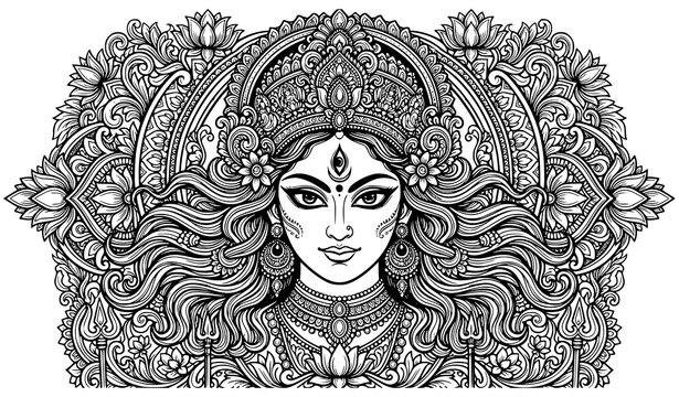 Fierce Goddess Durga face Indian ornamental line art vector portrait for tattoo coloring and Navratri designs
