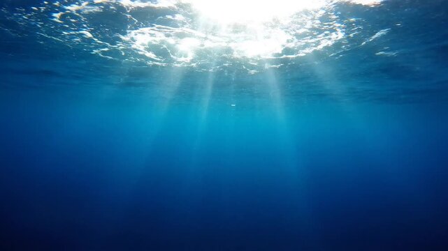 Underwater view captures bright sunlight filtering through the ocean surface, creating ethereal light rays that penetrate the deep blue water below.