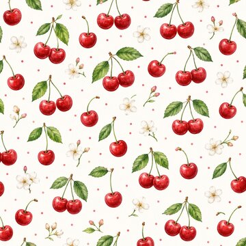 Watercolor Cherry Seamless Pattern with Green Leaves and White Blossoms