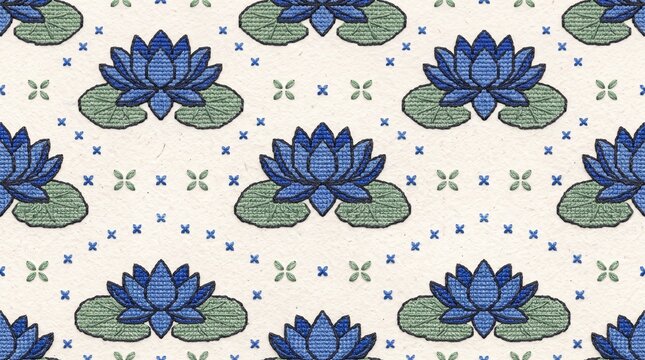 Blue lotus flower cross stitch seamless pattern embroidery textile design