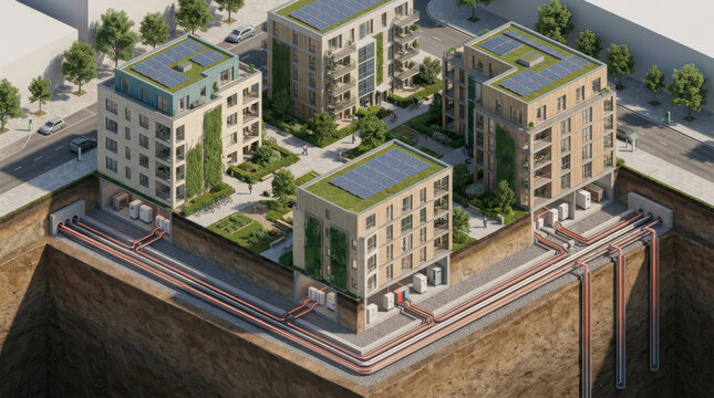 Sustainable urban architecture cross section showing underground geothermal heat pump system and rooftop solar panels in modern residential complex