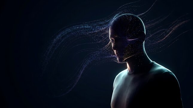 A man face silhouette dissolving into glowing digital particles with dark blue background representing modern technology