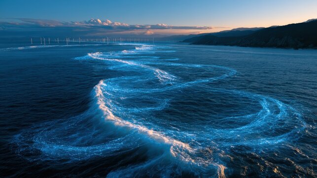 Wave and tidal energy converters integrated into a smart grid system demonstrating renewable marine power technology for sustainable electricity generation and efficient energy management.