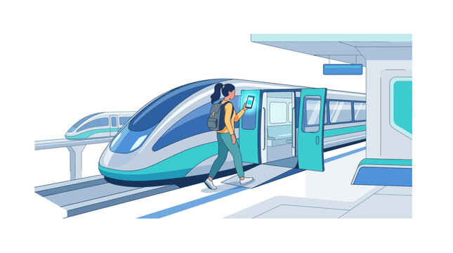 Female traveler with backpack boarding high-speed bullet train at station scanning digital mobile ticket flat vector element.