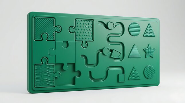 Green puzzle piece texture with interlocking jigsaw pattern and abstract symbols for design projects