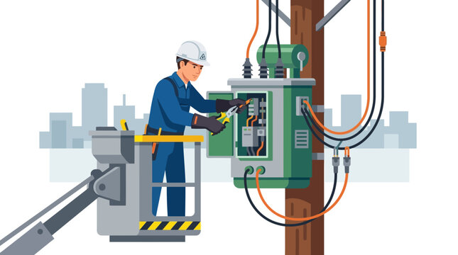 Professional electrician repairing high voltage power transformer on a utility pole flat vector element.