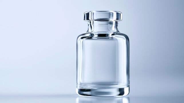 A clean, empty glass vial stands ready for use, against a soft blue backdrop. The vial's clear glass and precise design suggest sterile laboratory conditions and medical preparation.