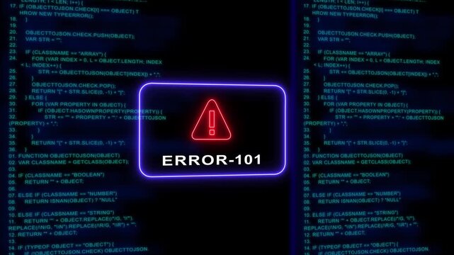 Digital error 101 warning sign on scrolling computer code background, cyber security alert and software system failure concept