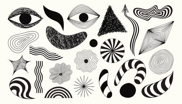 Abstract Doodle Shapes, Hand-Drawn Organic Forms, Black and White Patterns
