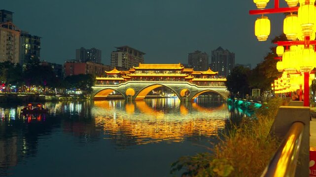Beautiful Anshun Bridge, Bridge of the Peaceful and Fluent is a bridge in Chengdu, Sichuan, China. It crosses the Jin River. Landmark and popular for tourists attractions