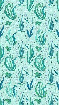 Seamless pattern of green seaweed and underwater botanical plants