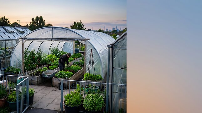 Gardener tending to plants in an urban greenhouse at sunset