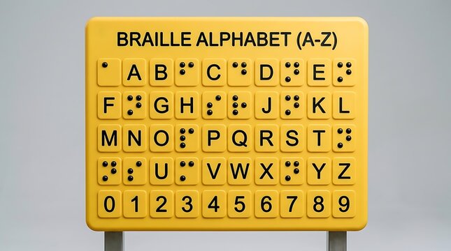 Braille alphabet chart on a yellow tactile sign for visually impaired people education.