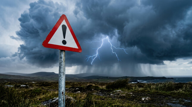Extreme weather danger warning sign in coastal landscape with severe thunderstorm lightning and heavy rain representing climate hazard