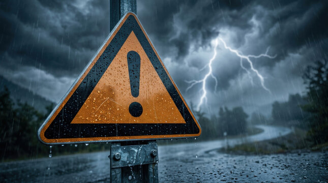 Severe weather warning sign on wet highway during dramatic thunderstorm with lightning strike representing danger and driving hazard