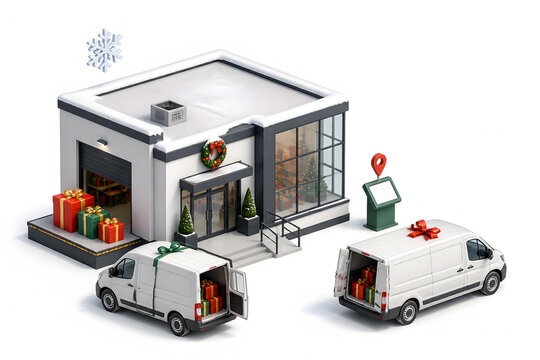 Christmas delivery service at store. Logistics vans loading holiday gifts for shipping.